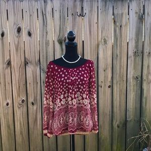 Miss Daisy Sheer Maroon/Tan Long Sleeve Top - Size Small